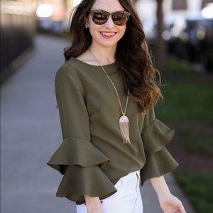 NWT J Crew Tiered/ Bell Sleeve Top in Olive Size 10
